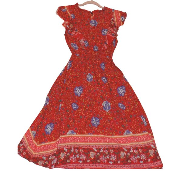 Small Boho Floral Red Midi Dress – Ruffle Sleeves, Smocked Waist, Flowing Skirt - Picture 2 of 4